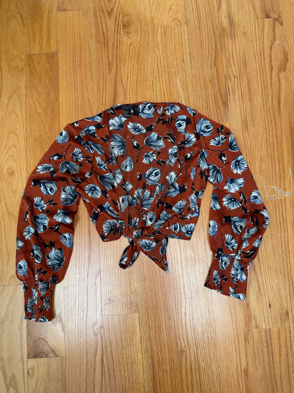 Rust Floral Tie-Front Blouse with Blue-Gray Flowers